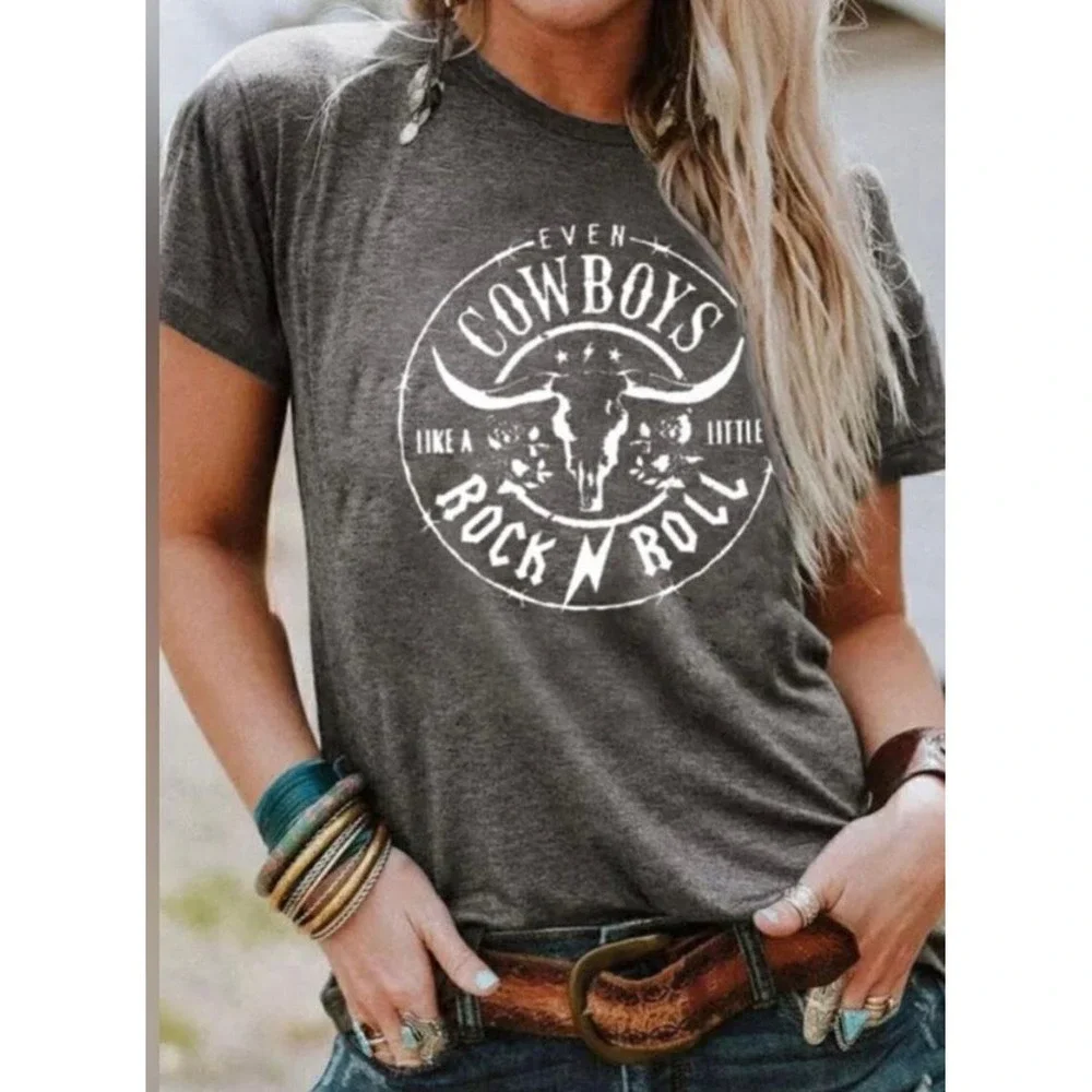 Cowboys Like a Little Rock N‎ Roll Graphic T-Shirt Western Tee Large